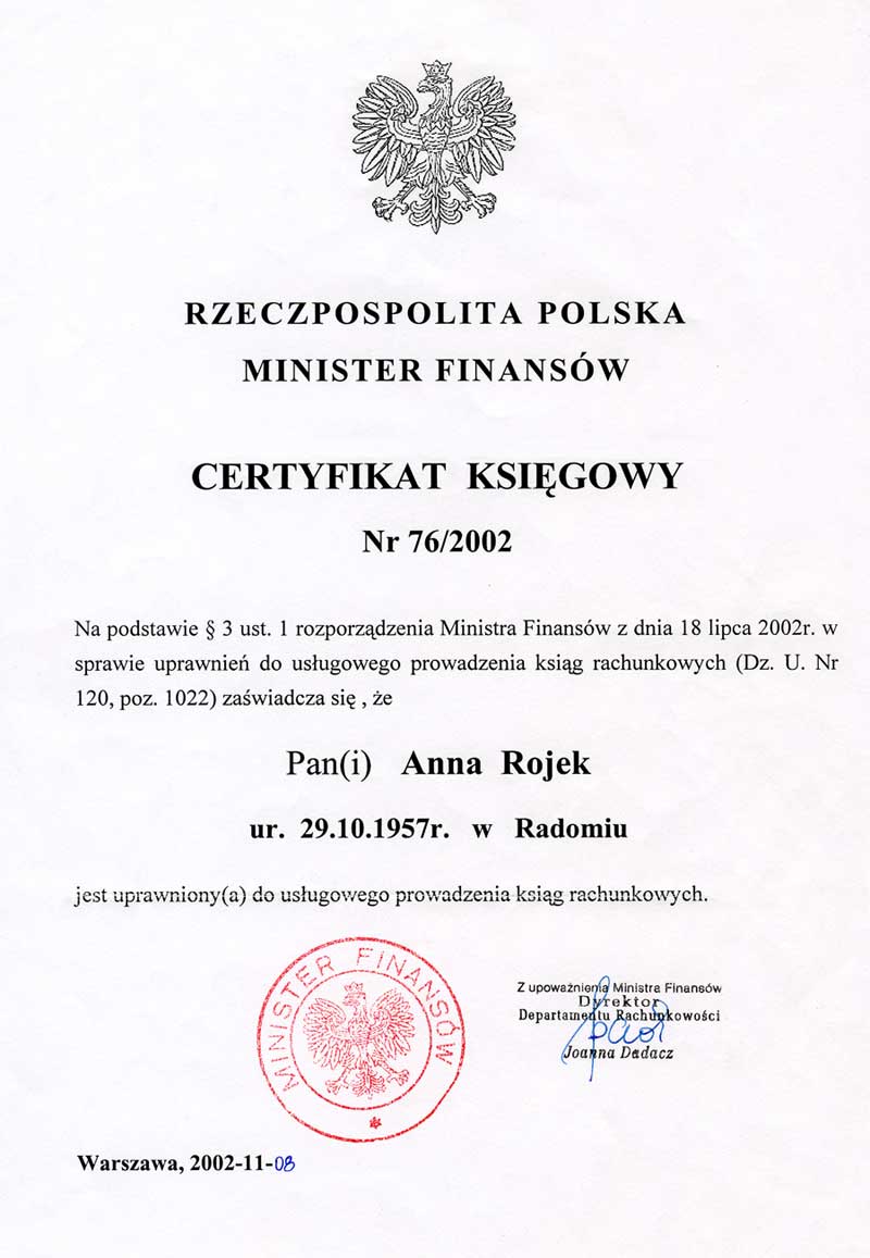  Certyfikat Ksiegowy nr 76/2002